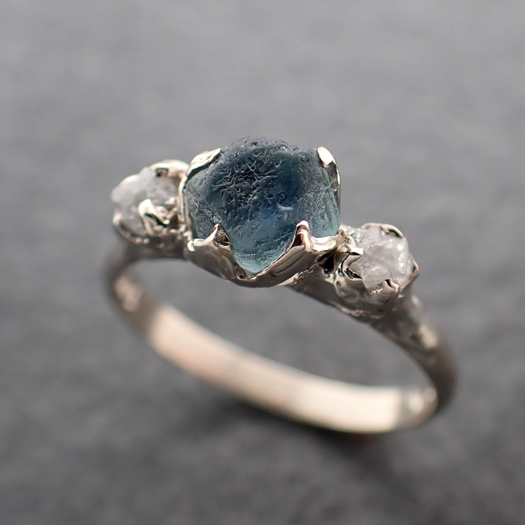 Raw Montana Sapphire Diamond White Gold Engagement Wedding Ring Custom One Of a Kind Gemstone Multi stone Ring 2406