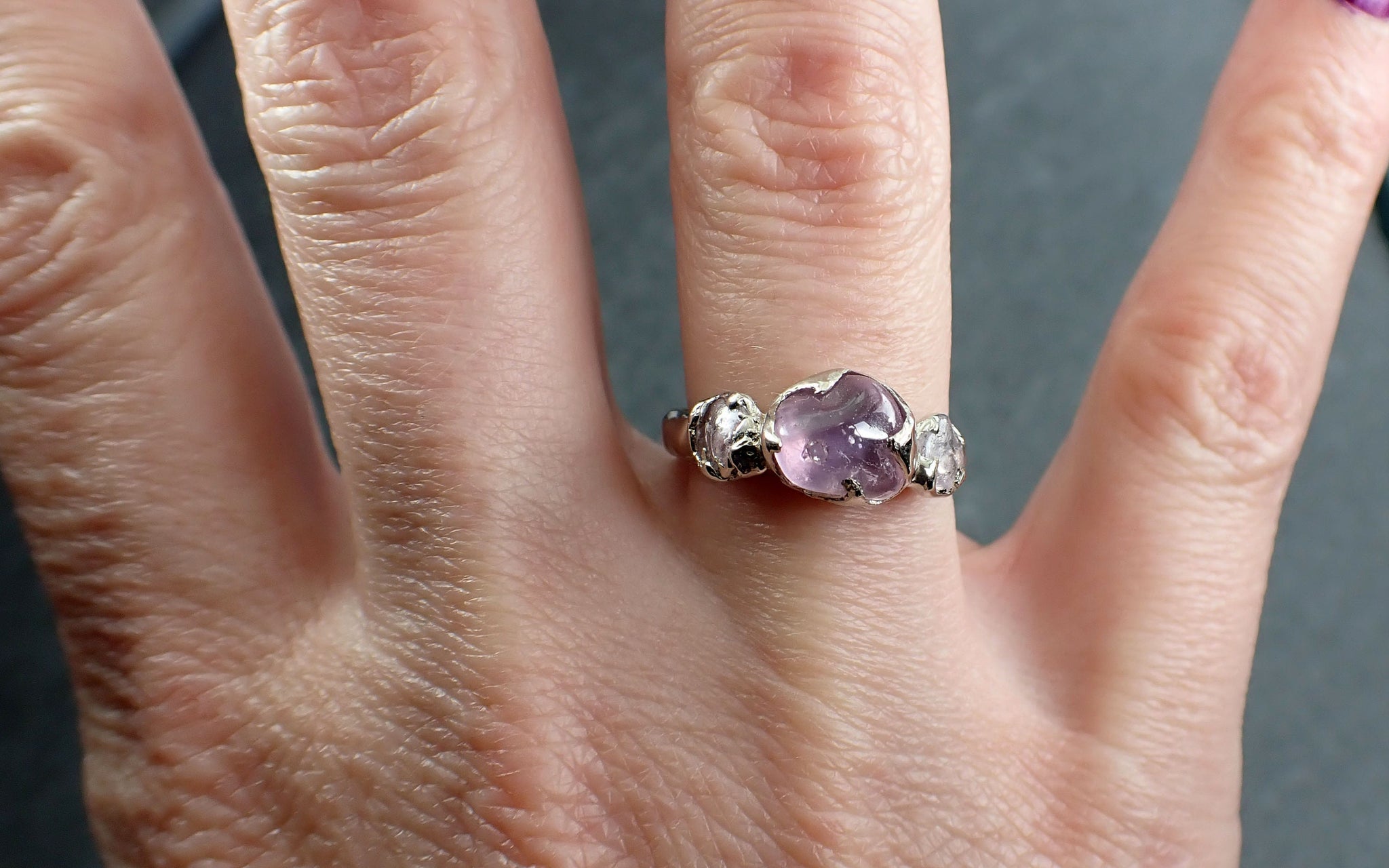 Pink Sapphire tumbled polished White 14k gold multi stone gemstone ring 2884