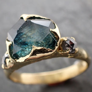 Partially faceted blue green Montana Sapphire and fancy Diamonds 18k Yellow Gold Engagement Wedding Ring Gemstone Ring Multi stone Ring 2900