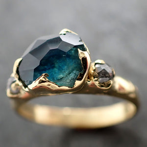 Partially faceted blue green Montana Sapphire and fancy Diamonds 18k Yellow Gold Engagement Wedding Ring Gemstone Ring Multi stone Ring 2899
