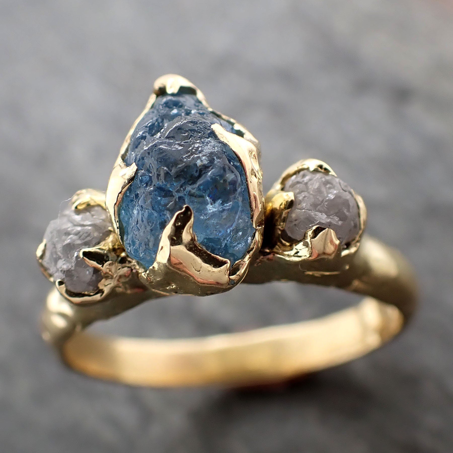 Raw Uncut Aquamarine Diamond yellow Gold Engagement Ring Multi stone W ...