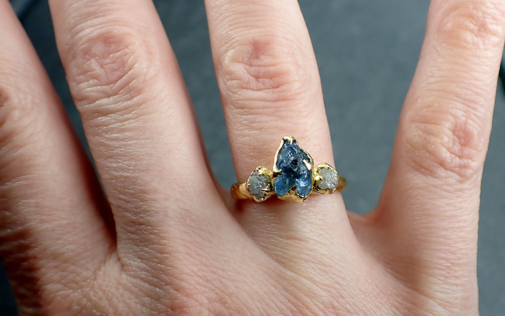 Raw Uncut Aquamarine Diamond yellow Gold Engagement Ring Multi stone Wedding 18k Ring Custom One Of a Kind Gemstone Bespoke Ring 2901