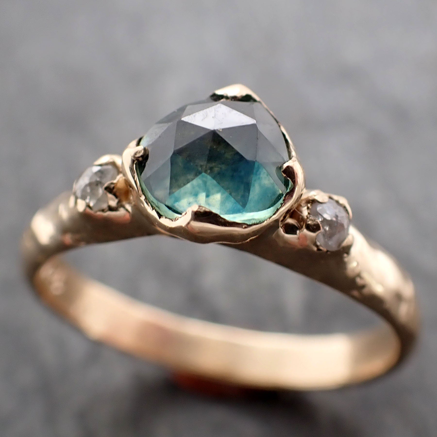 Fancy cut blue green Montana Sapphire and fancy cut Diamonds 18k Yellow Gold Engagement Wedding Ring Gemstone Ring Multi stone Ring 2907