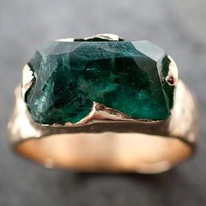 Partially Faceted Emerald Solitaire yellow 14k Gold Ring Birthstone One Of a Kind Gemstone Cocktail Ring Recycled 2915