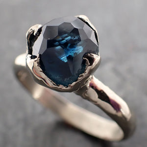 Partially Faceted Blue Sapphire Solitaire White Gold Engagement Ring Wedding Ring Custom One Of a Kind Gemstone Ring 2917