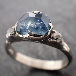 Partially faceted blue Montana Sapphire and fancy Diamonds 14k White Gold Engagement Wedding Ring Custom Gemstone Ring Multi stone Ring 2926