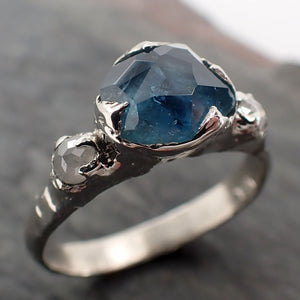 Partially faceted blue Montana Sapphire and fancy Diamonds 14k White Gold Engagement Wedding Ring Custom Gemstone Ring Multi stone Ring 2927