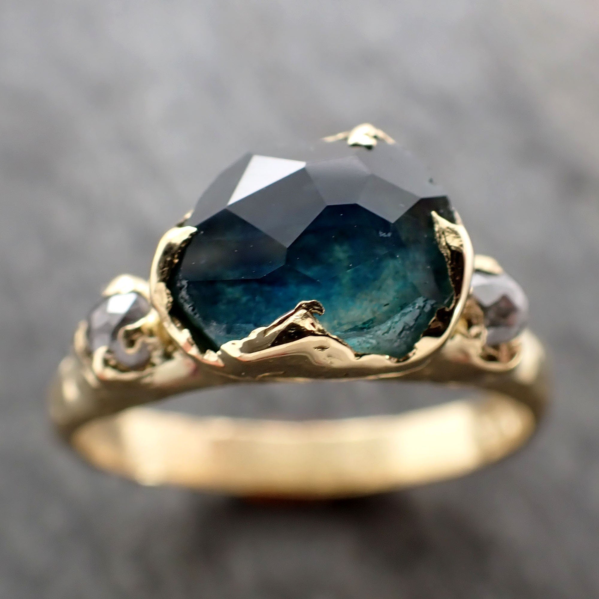Partially faceted blue green Montana Sapphire and fancy Diamonds 18k Yellow Gold Engagement Wedding Ring Gemstone Ring Multi stone Ring 2899