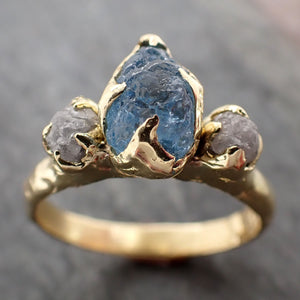 Raw Uncut Aquamarine Diamond yellow Gold Engagement Ring Multi stone Wedding 18k Ring Custom One Of a Kind Gemstone Bespoke Ring 2901