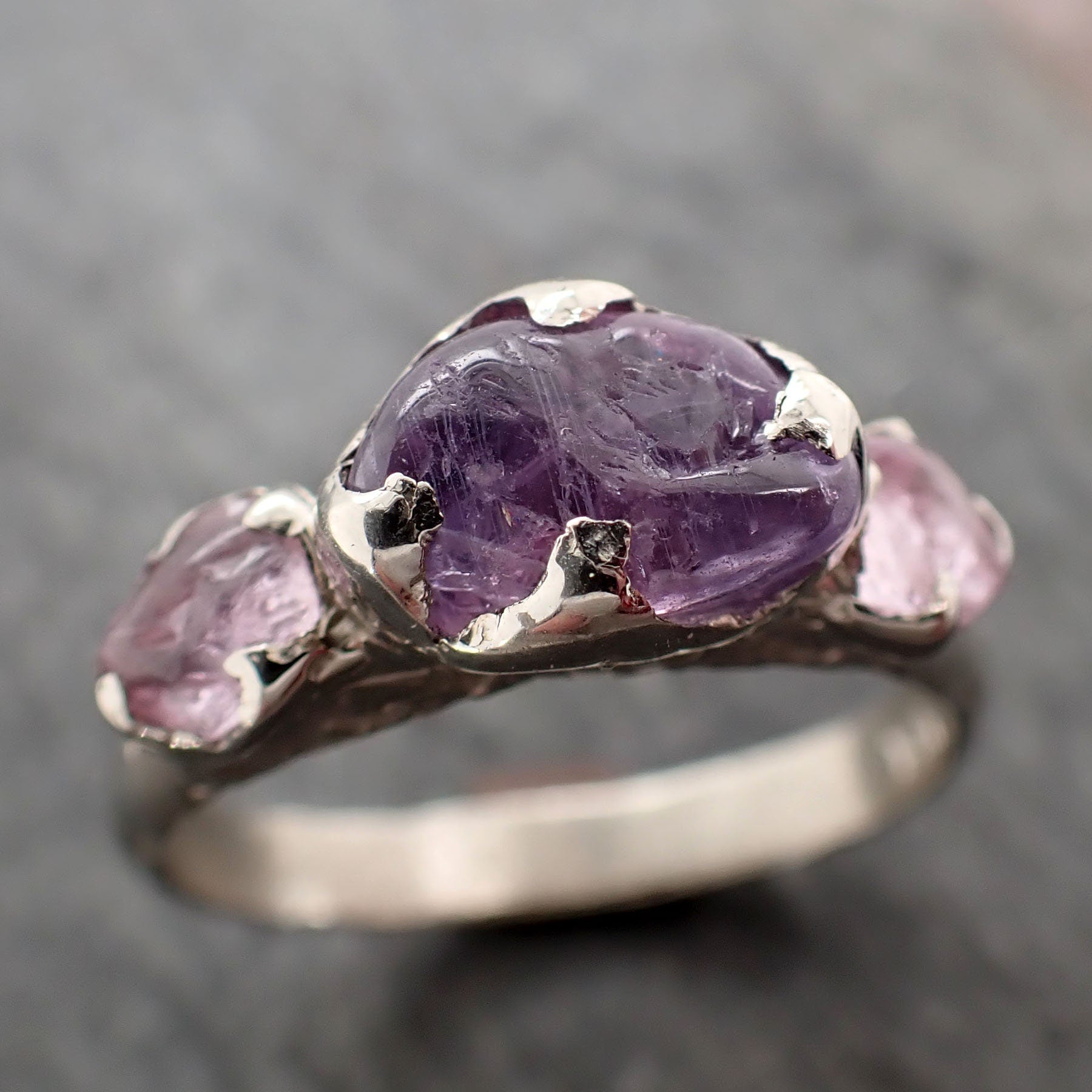 Pink purple Sapphire tumbled polished White 14k gold multi stone gemstone ring 2904