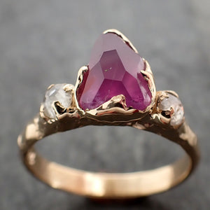 Partially faceted Pink Sapphire and fancy Diamonds 18k Yellow Gold Engagement Wedding Gemstone Multi stone Ring 2906