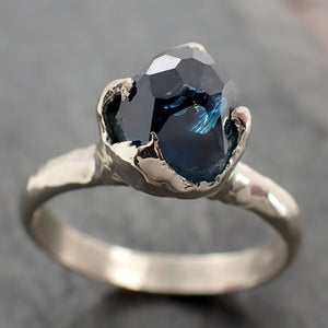 Partially Faceted Blue Sapphire Solitaire White Gold Engagement Ring Wedding Ring Custom One Of a Kind Gemstone Ring 2917