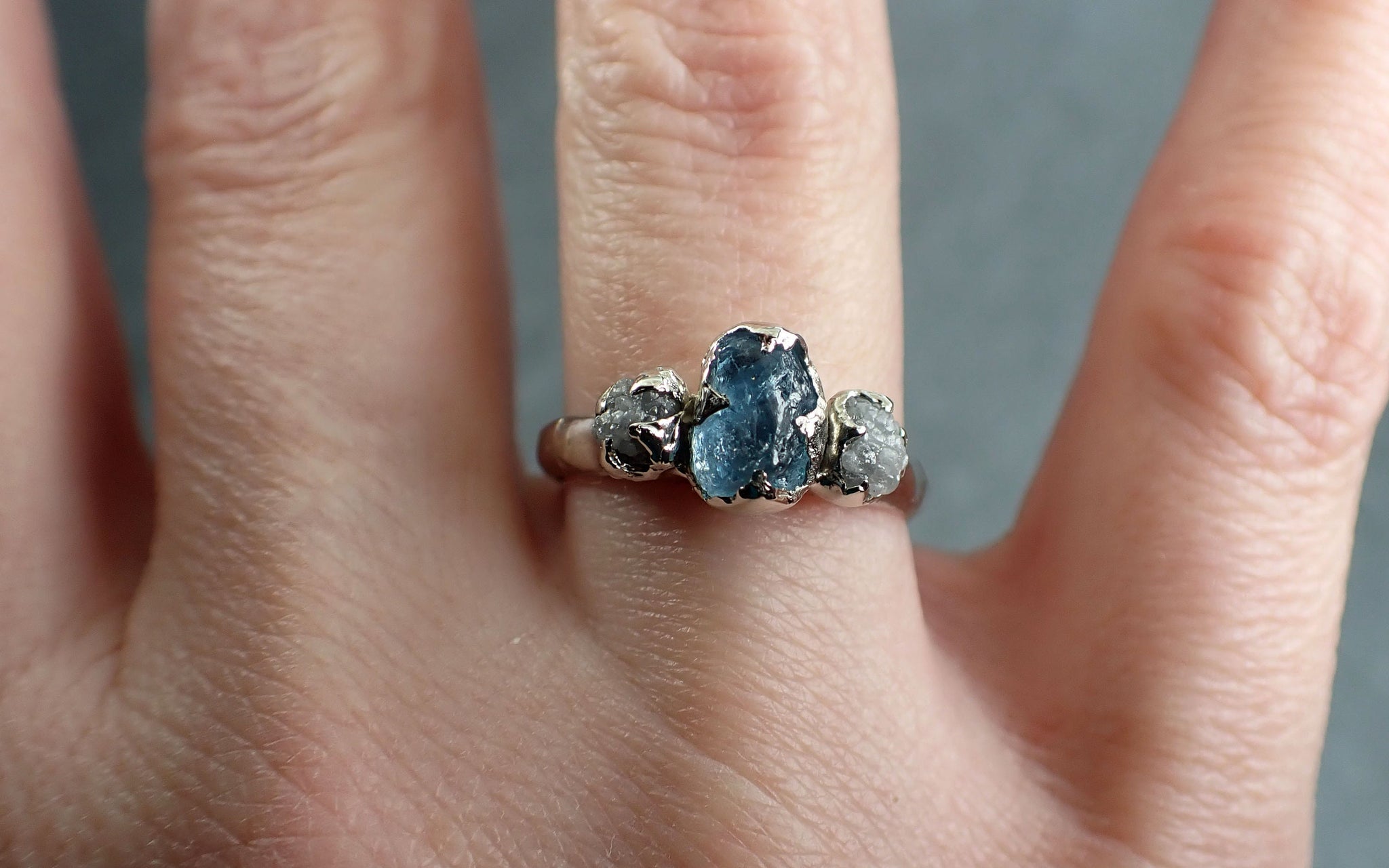 Raw Uncut Aquamarine Diamond White Gold Engagement Ring Wedding Ring Custom One Of a Kind Gemstone Ring Multi stone Ring 2923
