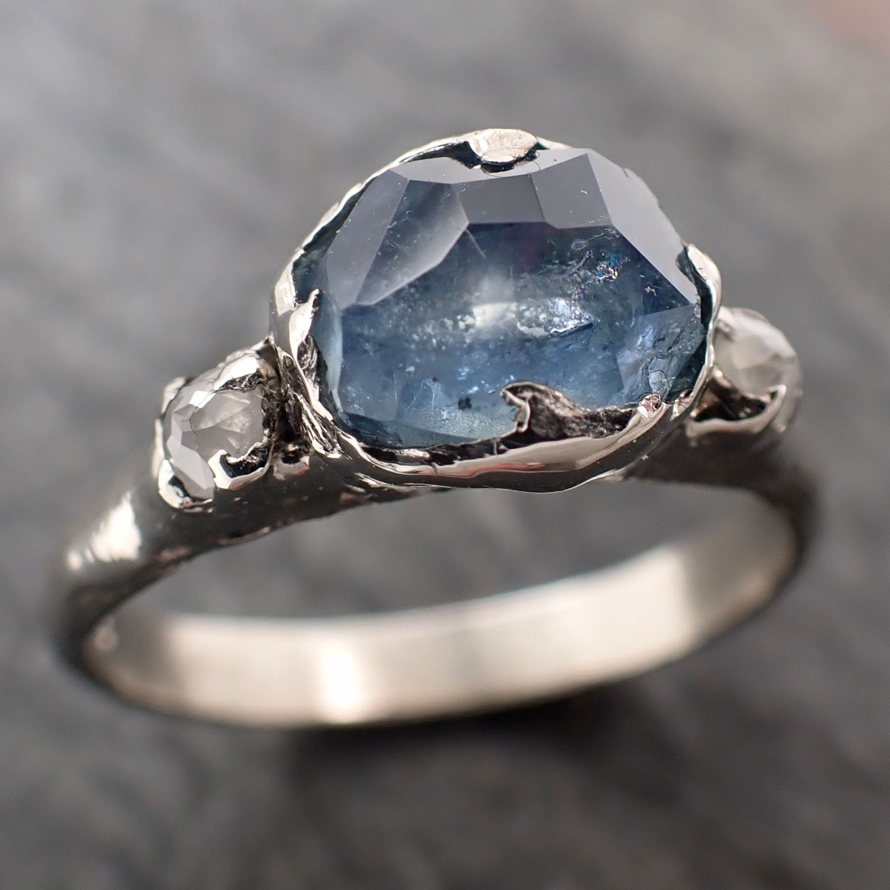 Partially faceted blue Montana Sapphire and fancy Diamonds 14k White Gold Engagement Wedding Ring Custom Gemstone Ring Multi stone Ring 2926