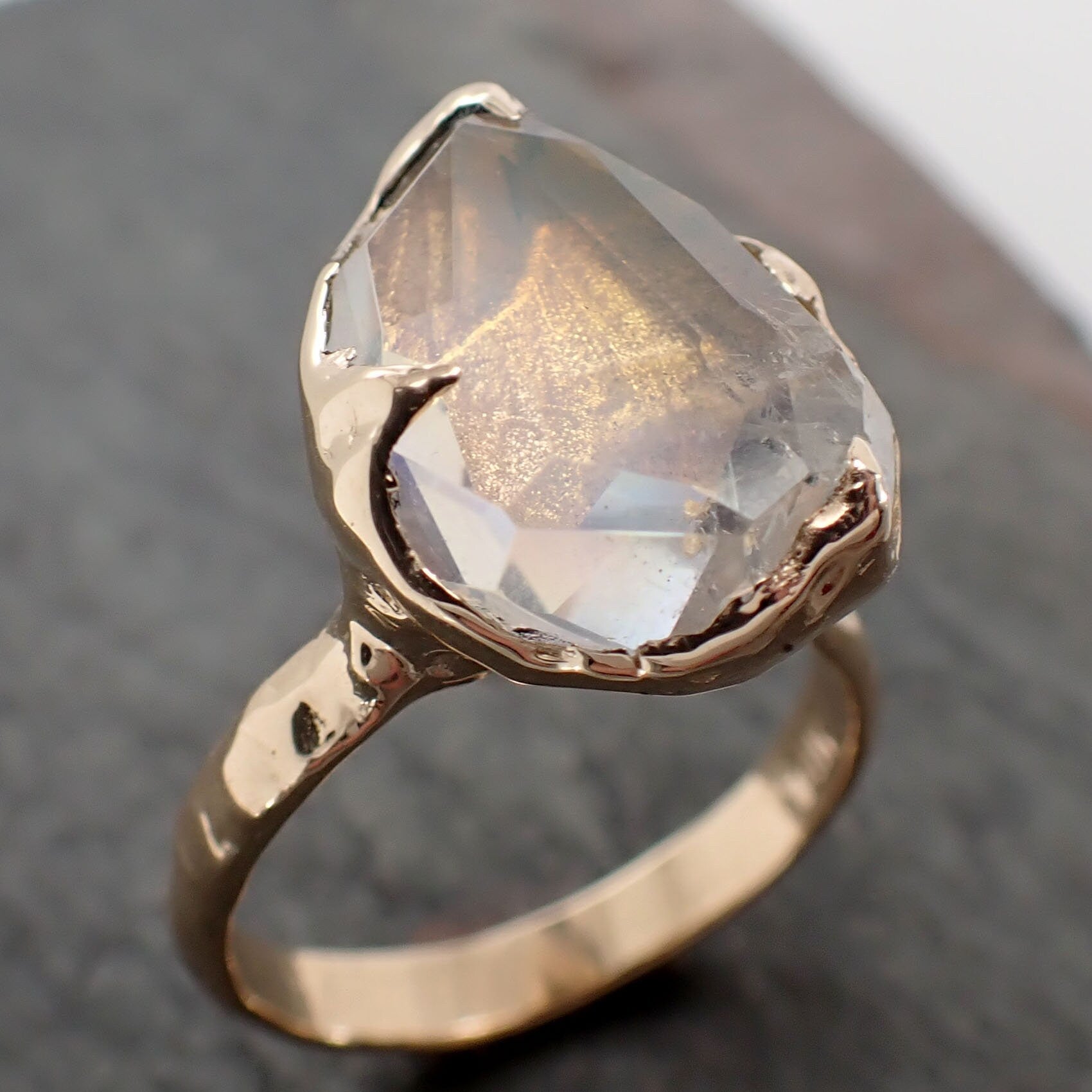 Partially Faceted Moonstone Yellow Gold Ring Gemstone Solitaire recycled 14k statement cocktail statement 2937