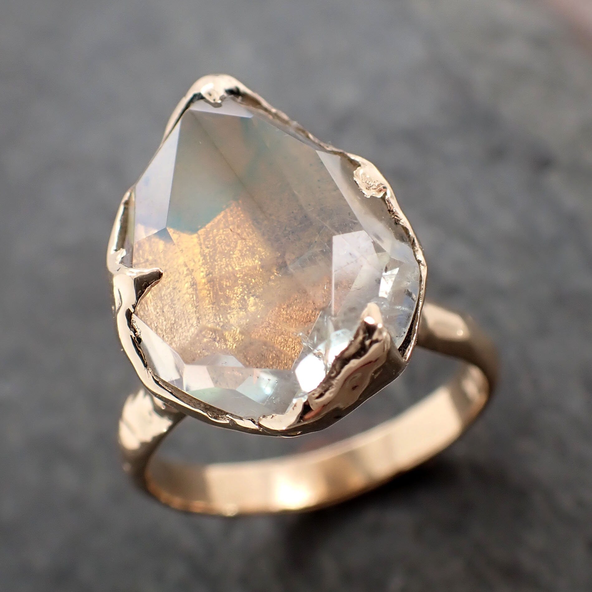 Partially Faceted Moonstone Yellow Gold Ring Gemstone Solitaire recycled 14k statement cocktail statement 2937