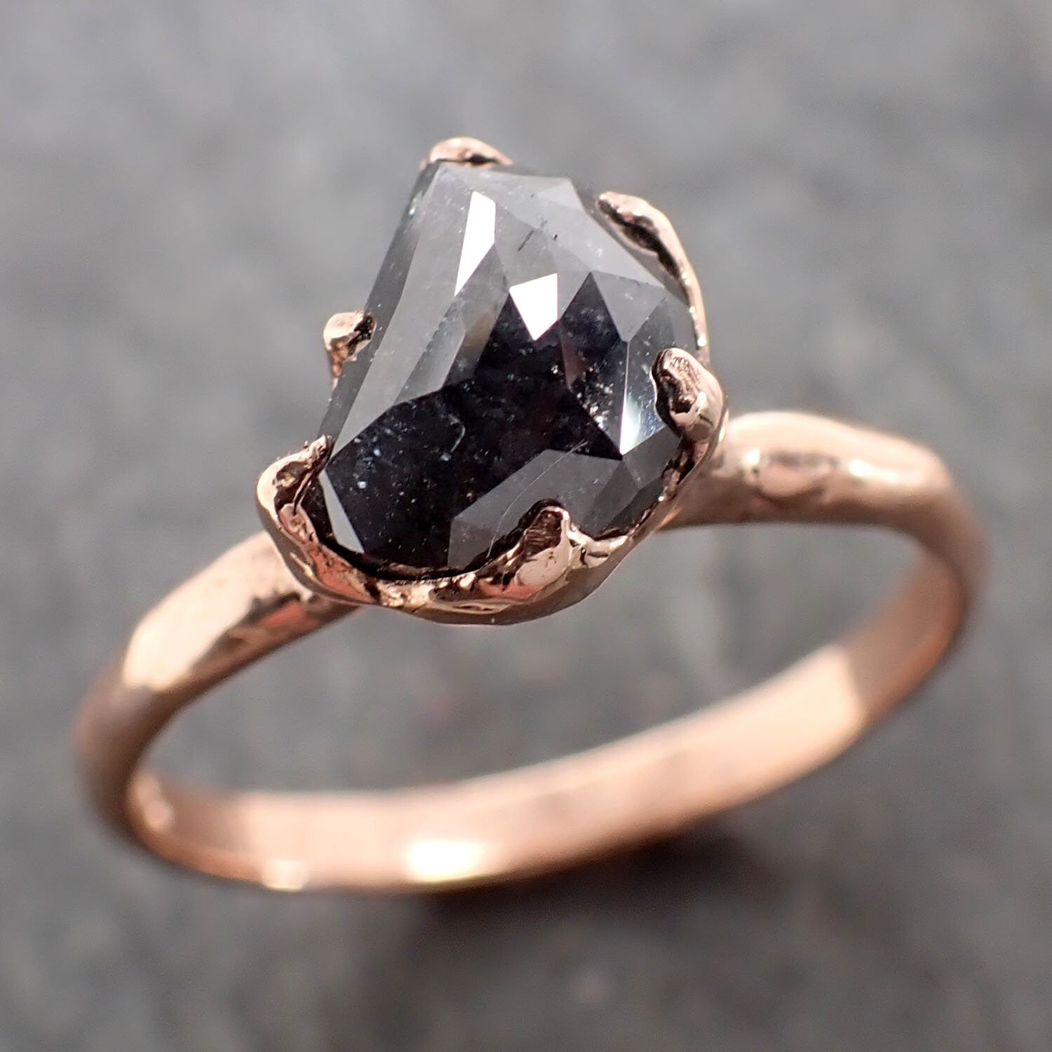 Faceted Fancy cut Salt and Pepper Diamond Solitaire Engagement 14k Rose Gold Wedding Ring byAngeline 2950