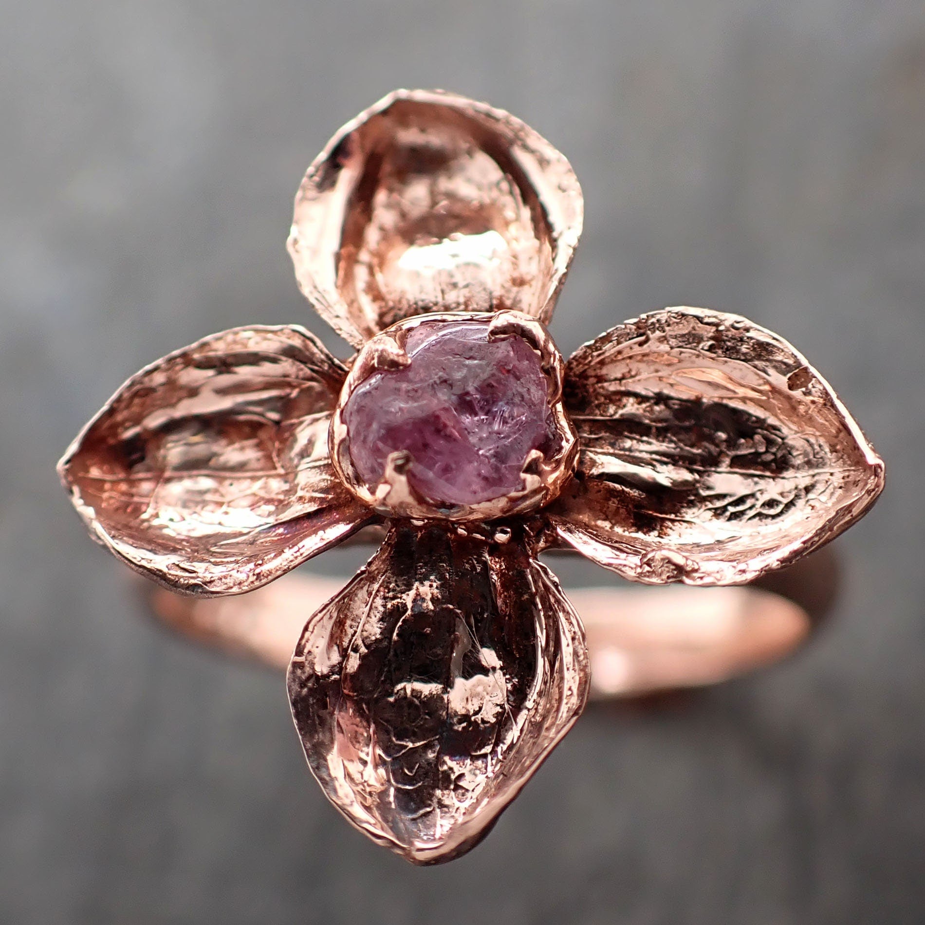 Real Flower and pink Sapphire 14k Rose gold wedding engagement ring Enchanted Garden Floral Ring byAngeline 2972
