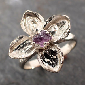 Real Flower and pink Sapphire 14k White gold wedding engagement ring Enchanted Garden Floral Ring byAngeline 2973