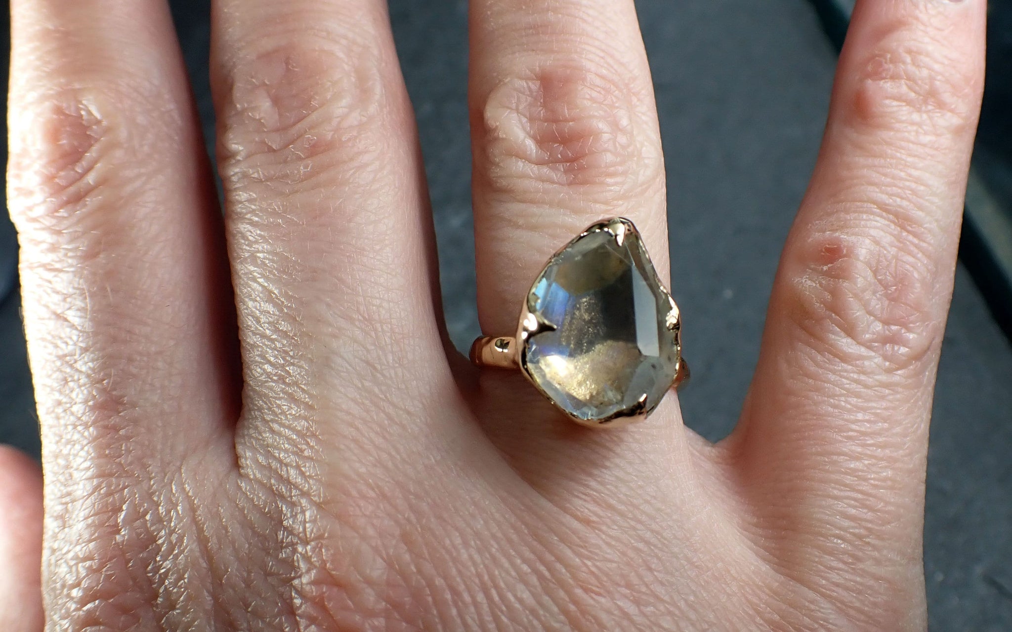 Partially Faceted Moonstone Yellow Gold Ring Gemstone Solitaire recycled 14k statement cocktail statement 2937