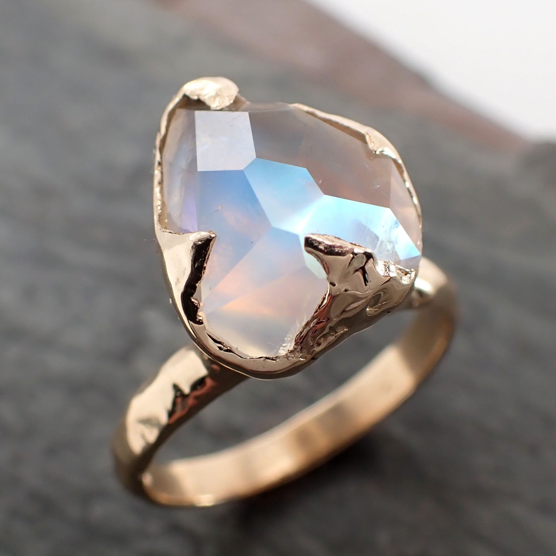 Partially Faceted Moonstone Yellow Gold Ring Gemstone Solitaire recycled 14k statement cocktail statement 2938