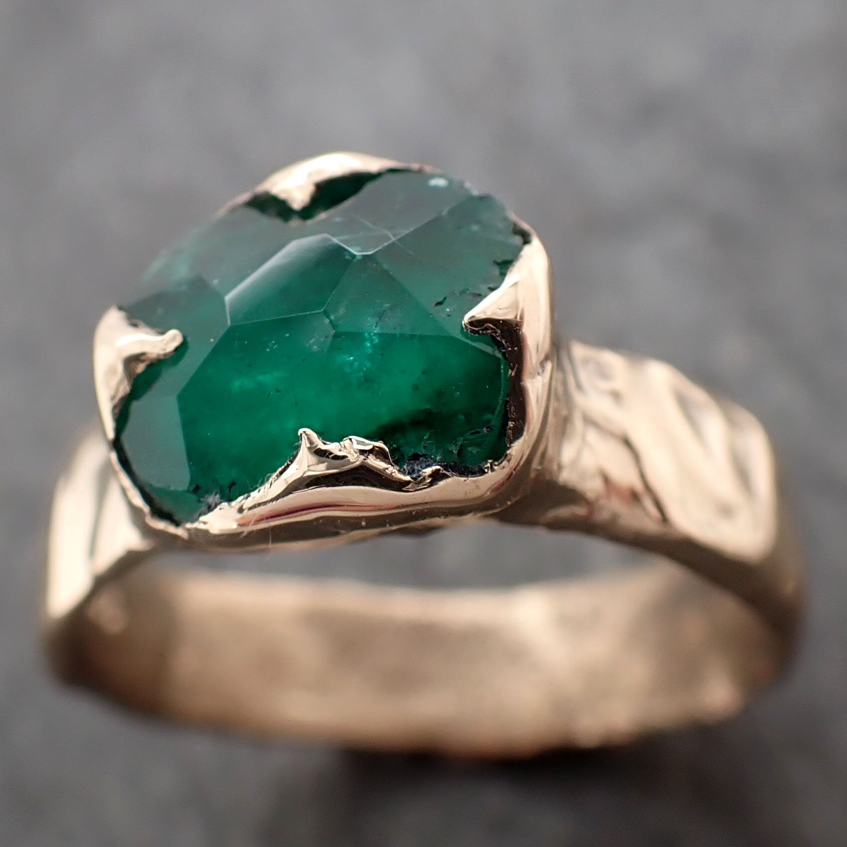 Partially Faceted Emerald Solitaire Mens yellow 14k Gold Ring Birthstone One Of a Kind Gemstone Cocktail Ring Recycled 2943