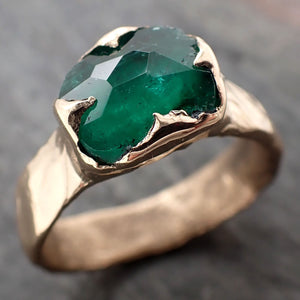 Partially Faceted Emerald Solitaire Mens yellow 14k Gold Ring Birthstone One Of a Kind Gemstone Cocktail Ring Recycled 2943