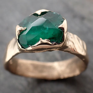 Partially Faceted Emerald Solitaire Mens yellow 14k Gold Ring