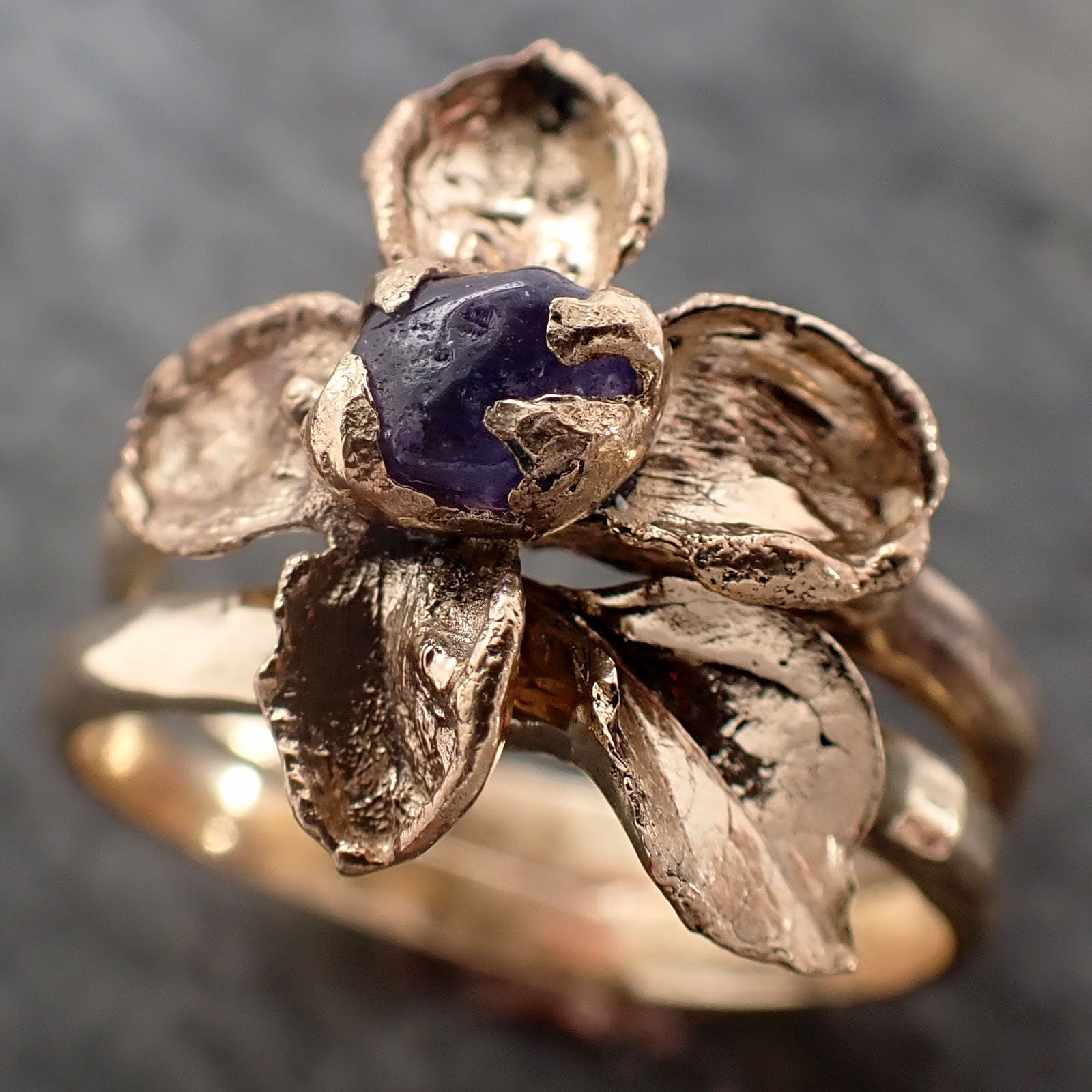 Real Flower and Purple Sapphire 18k Yellow gold wedding engagement ring Enchanted Garden Floral Ring byAngeline 2981