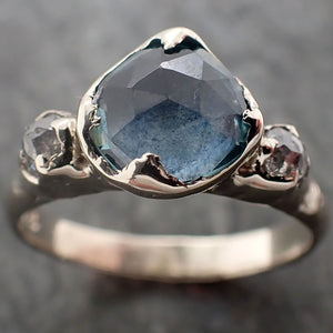 Partially faceted blue Montana Sapphire and fancy Diamonds 18k White Gold Engagement Wedding Ring Gemstone Ring Multi stone Ring 2986