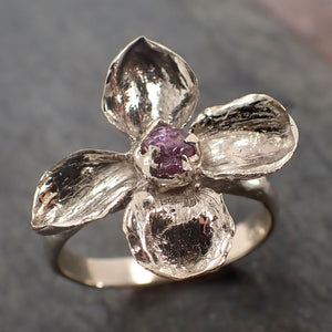 Real Flower and Sapphire 18k White gold wedding engagement ring Enchanted Garden Floral Ring byAngeline 2991