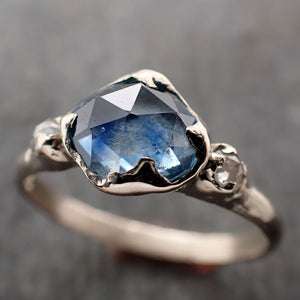 Partially faceted blue Montana Sapphire and fancy Diamonds 18k White Gold Engagement Wedding Ring Gemstone Ring Multi stone Ring 2997