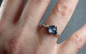 Partially faceted blue Montana Sapphire and fancy Diamonds 18k White Gold Engagement Wedding Ring Gemstone Ring Multi stone Ring 2997