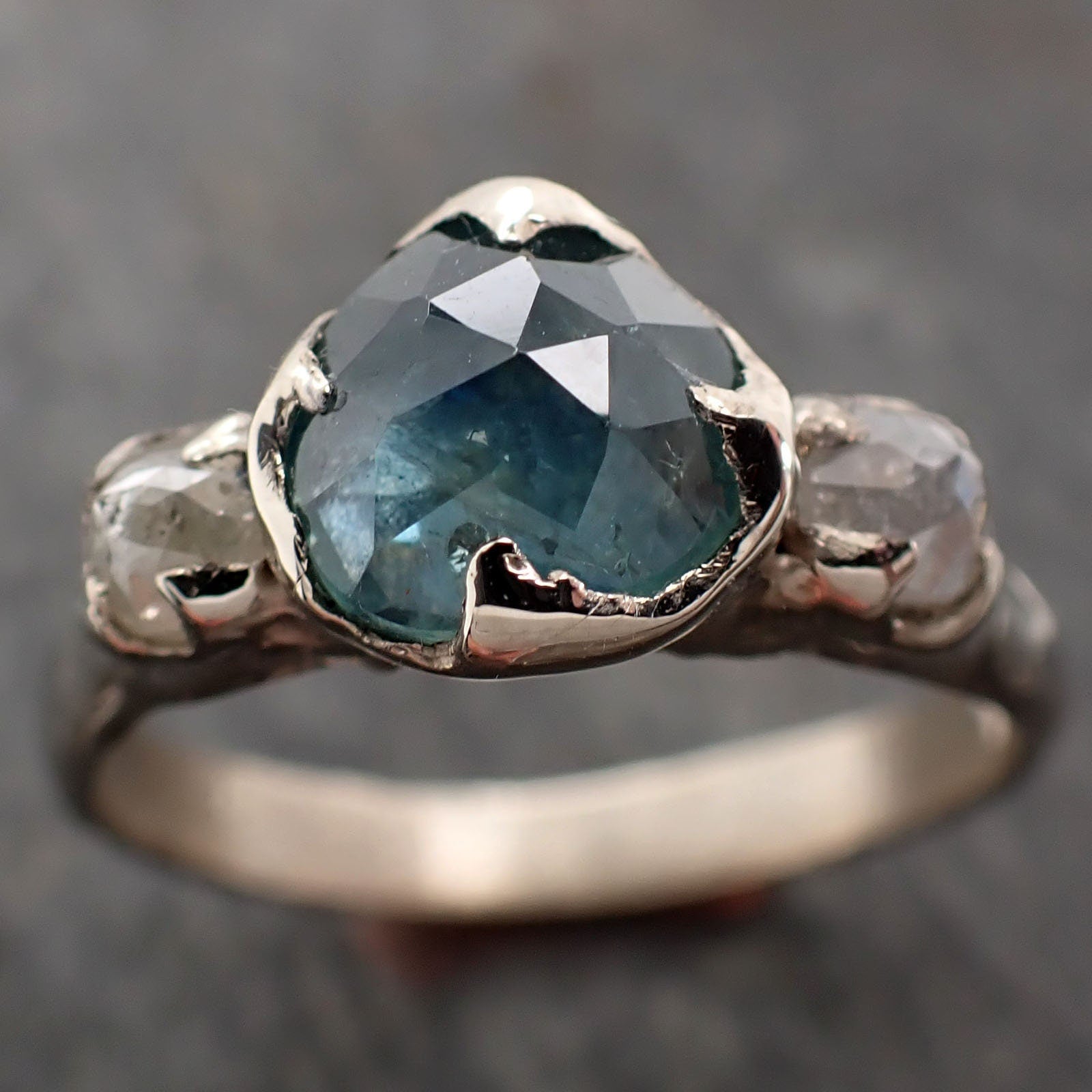 Partially faceted blue Montana Sapphire and fancy Diamonds 18k White Gold Engagement Wedding Ring Gemstone Ring Multi stone Ring 2998