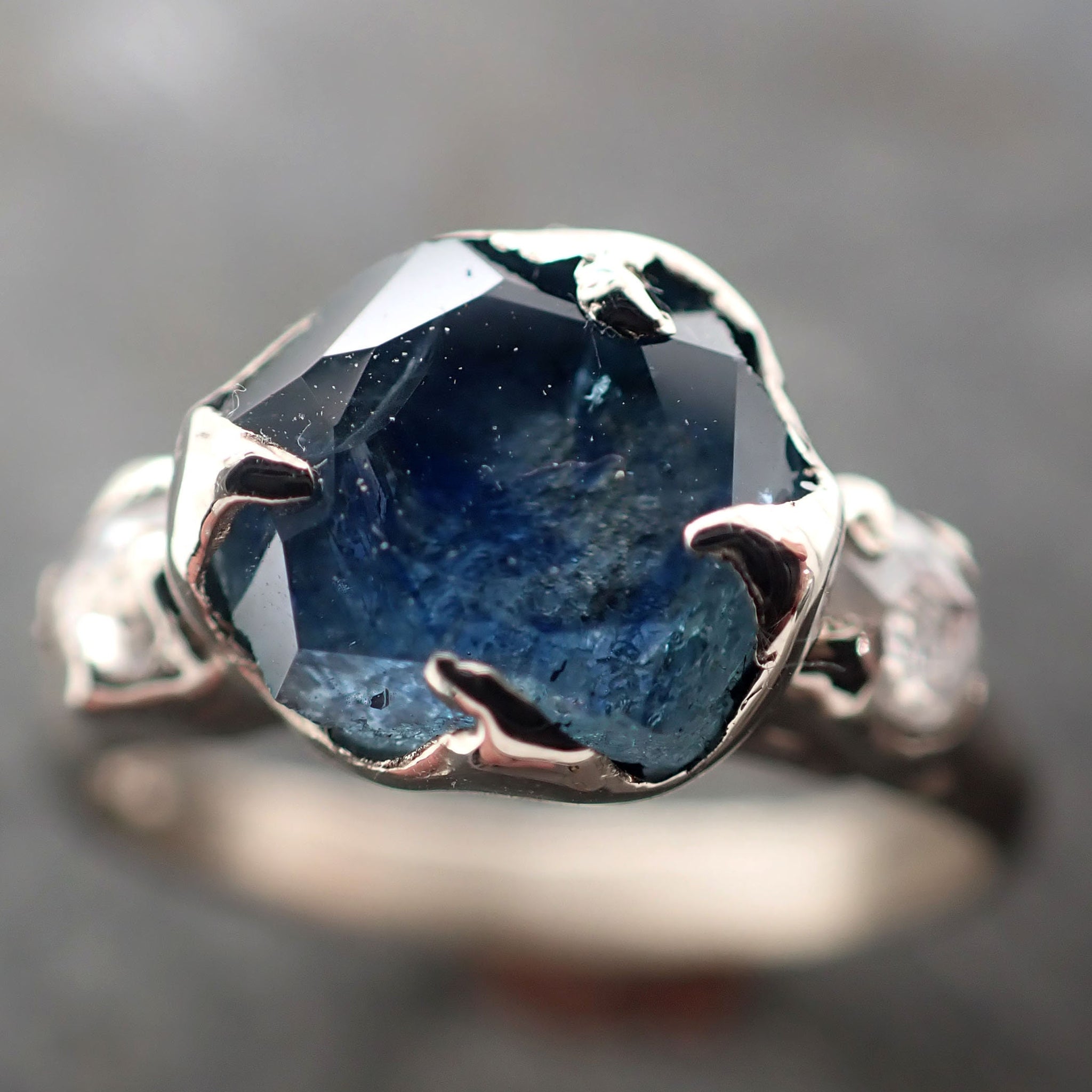 Partially faceted blue Montana Sapphire and fancy Diamonds 14k White Gold Engagement Wedding Ring Custom Gemstone Ring Multi stone Ring 2957