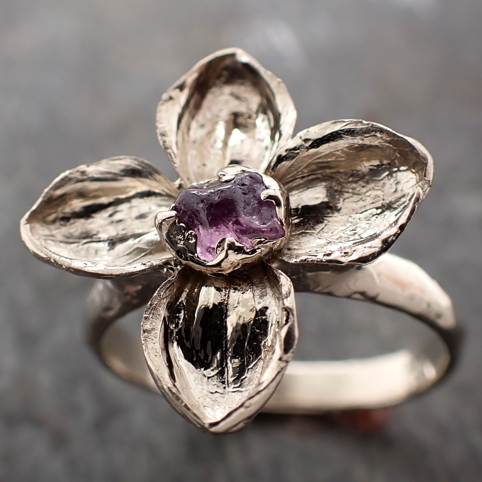 Real Flower and pink Sapphire 14k White gold wedding engagement ring Enchanted Garden Floral Ring byAngeline 2973