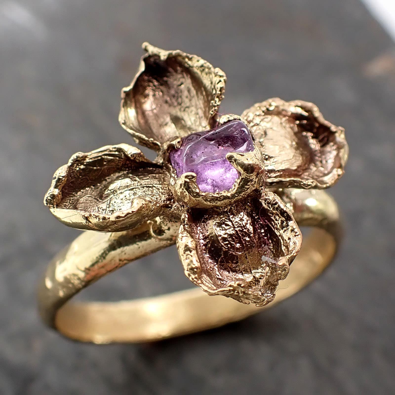 Real Flower and pink Sapphire 18k Yellow gold wedding engagement ring Enchanted Garden Floral Ring byAngeline 2975