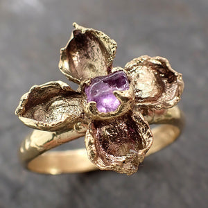 Real Flower and pink Sapphire 18k Yellow gold wedding engagement ring Enchanted Garden Floral Ring byAngeline 2975