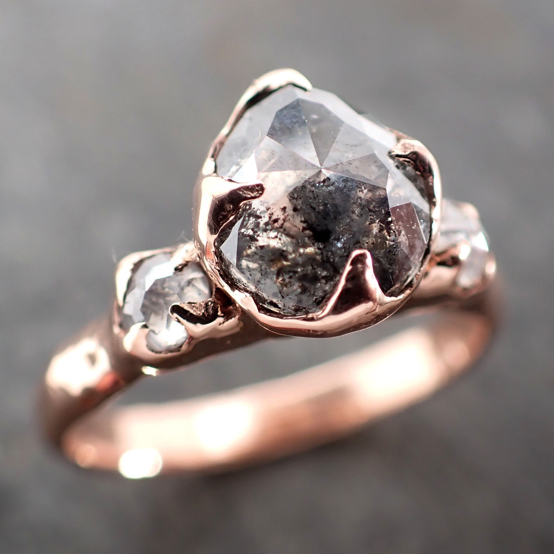 Fancy cut Salt and pepper Diamond Engagement 14k Rose Gold Multi stone Wedding Ring byAngeline 2976
