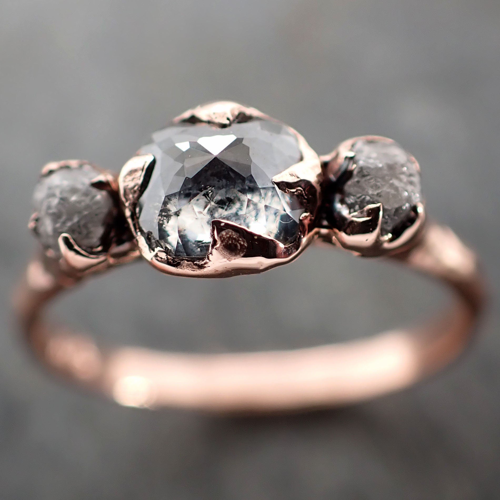 Fancy cut Salt and pepper Diamond Engagement 14k Rose Gold Multi stone Wedding Ring byAngeline 2979