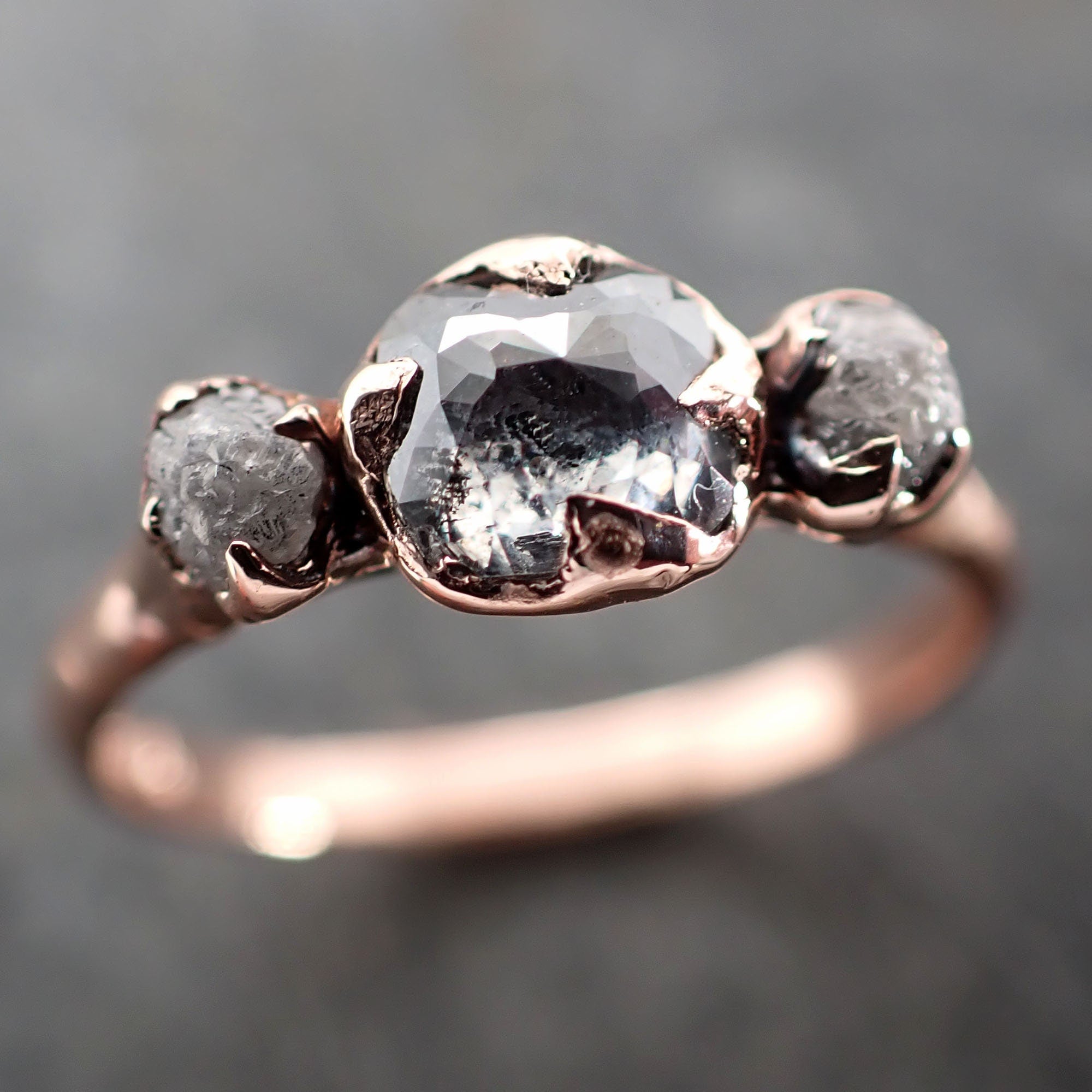 Fancy cut Salt and pepper Diamond Engagement 14k Rose Gold Multi stone Wedding Ring byAngeline 2979