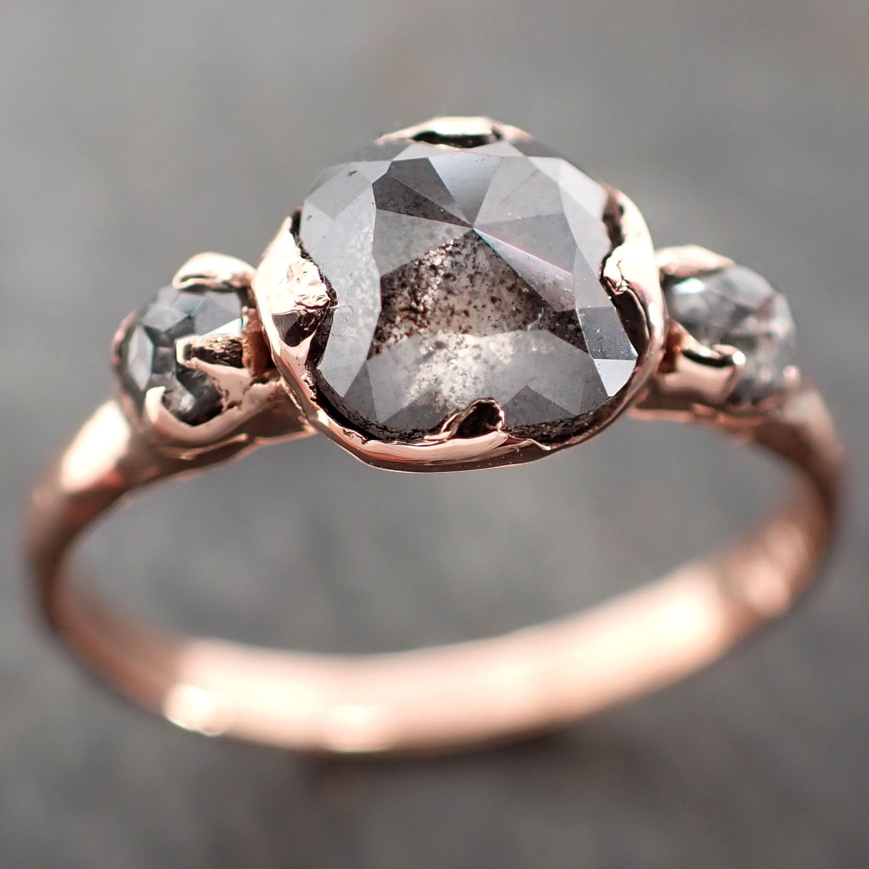 Fancy cut Salt and pepper Diamond Engagement 14k Rose Gold Multi stone Wedding Ring byAngeline 2980