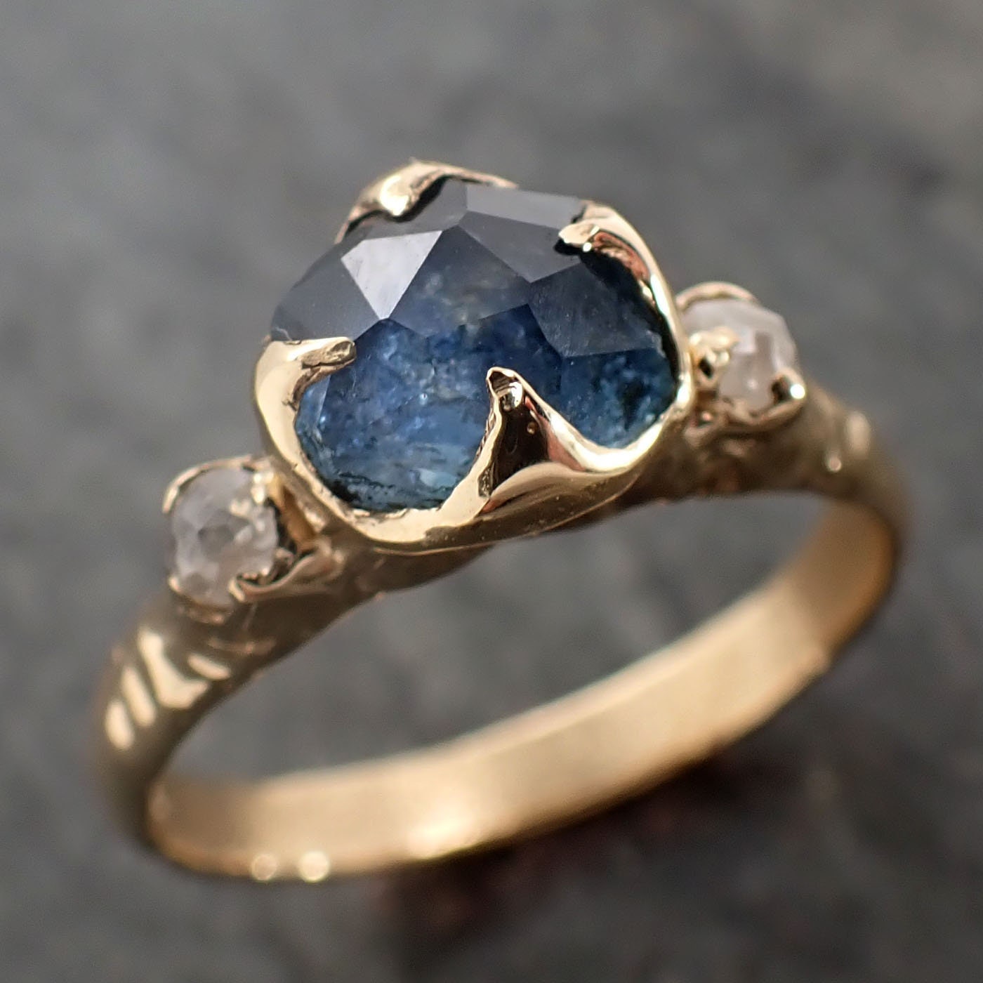 Partially faceted blue Montana Sapphire and fancy Diamonds 18k Yellow Gold Engagement Wedding Ring Gemstone Ring Multi stone Ring 2985