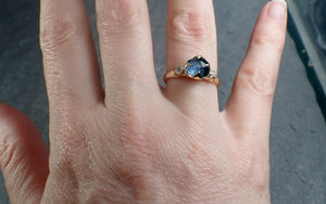 Partially faceted blue Montana Sapphire and fancy Diamonds 18k Yellow Gold Engagement Wedding Ring Gemstone Ring Multi stone Ring 2985