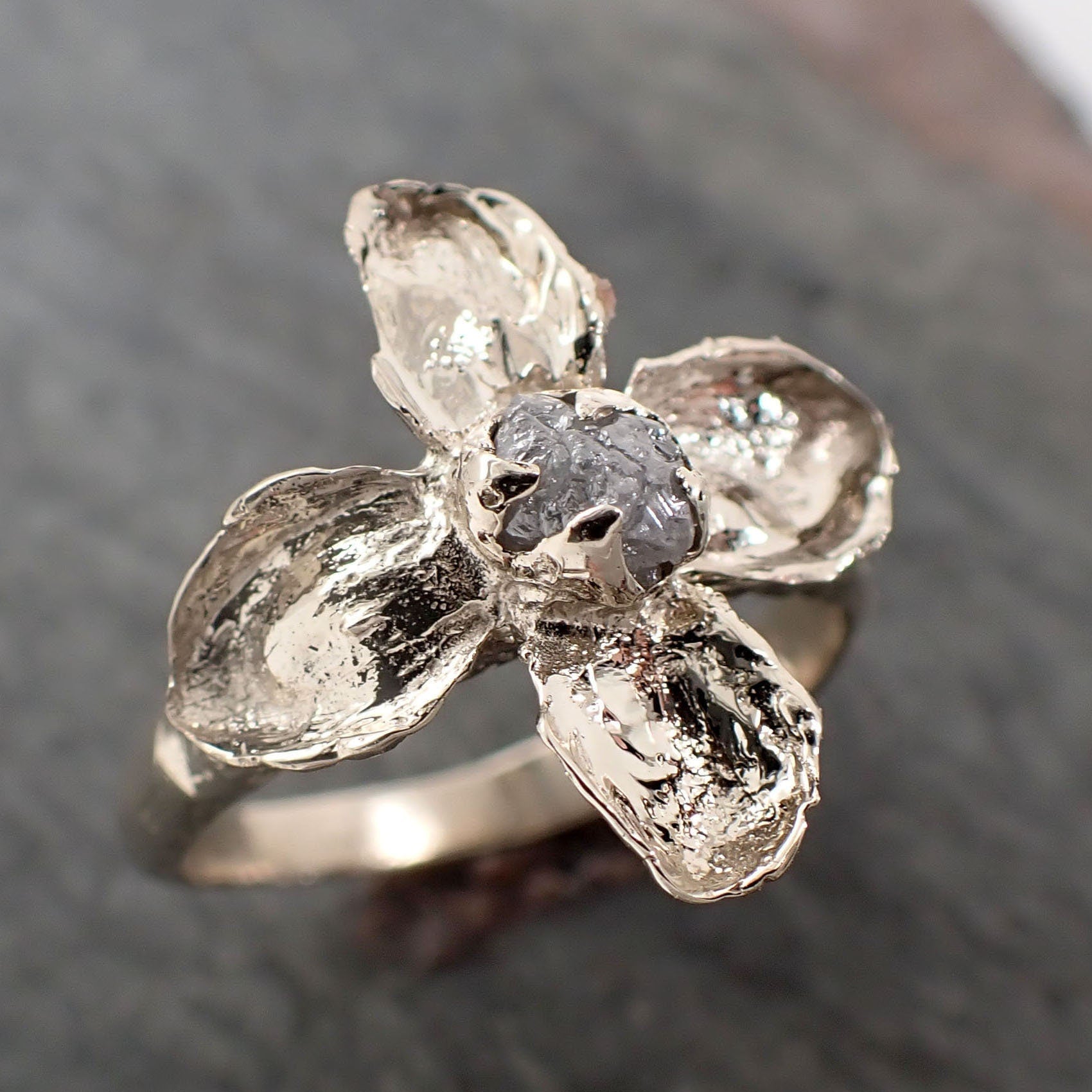 Real Flower and rough diamond 18k White gold wedding engagement ring Enchanted Garden Floral Ring byAngeline 2990