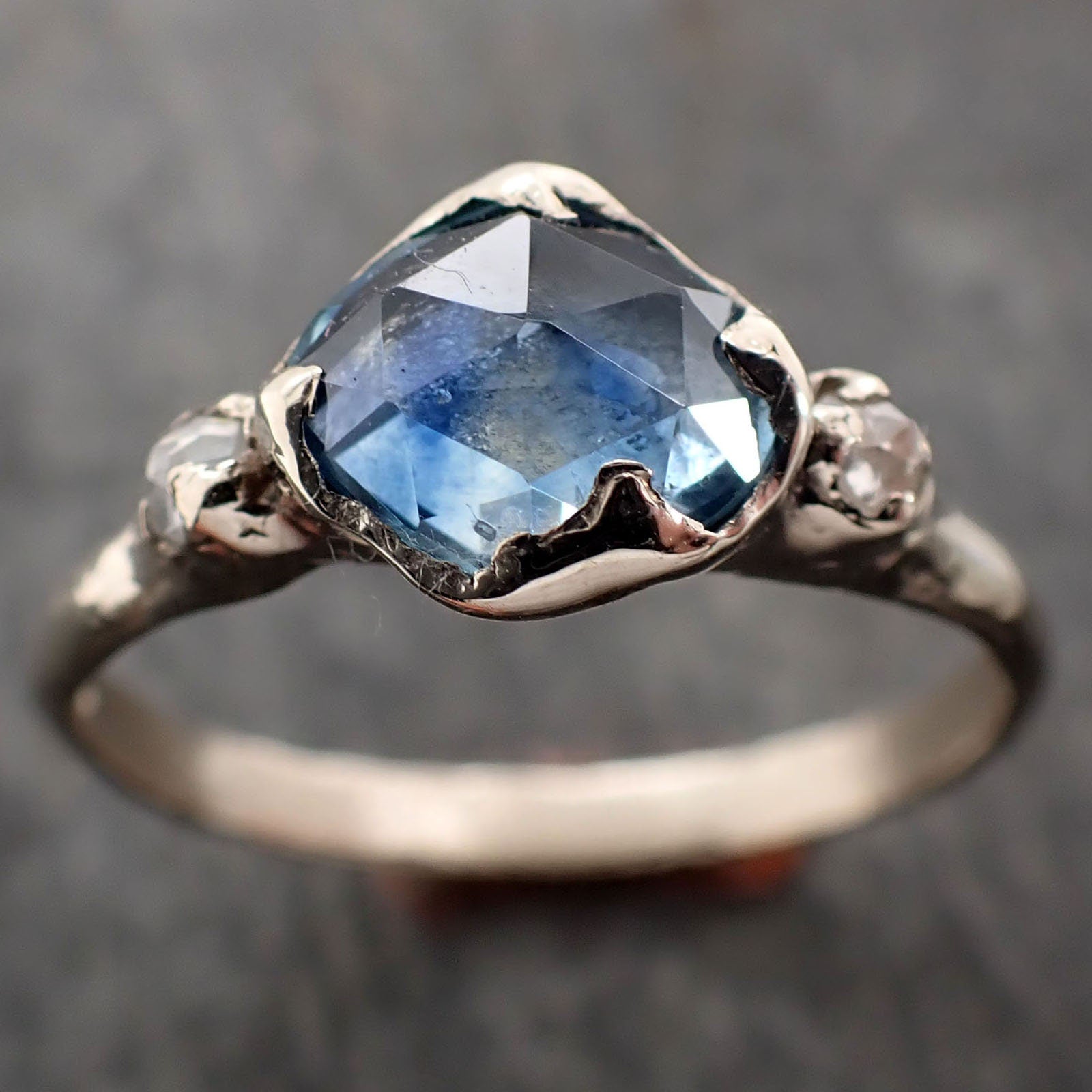 Partially faceted blue Montana Sapphire and fancy Diamonds 18k White Gold Engagement Wedding Ring Gemstone Ring Multi stone Ring 2997