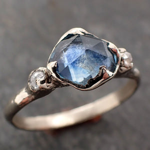 Partially faceted blue Montana Sapphire and fancy Diamonds 18k White Gold Engagement Wedding Ring Gemstone Ring Multi stone Ring 2997