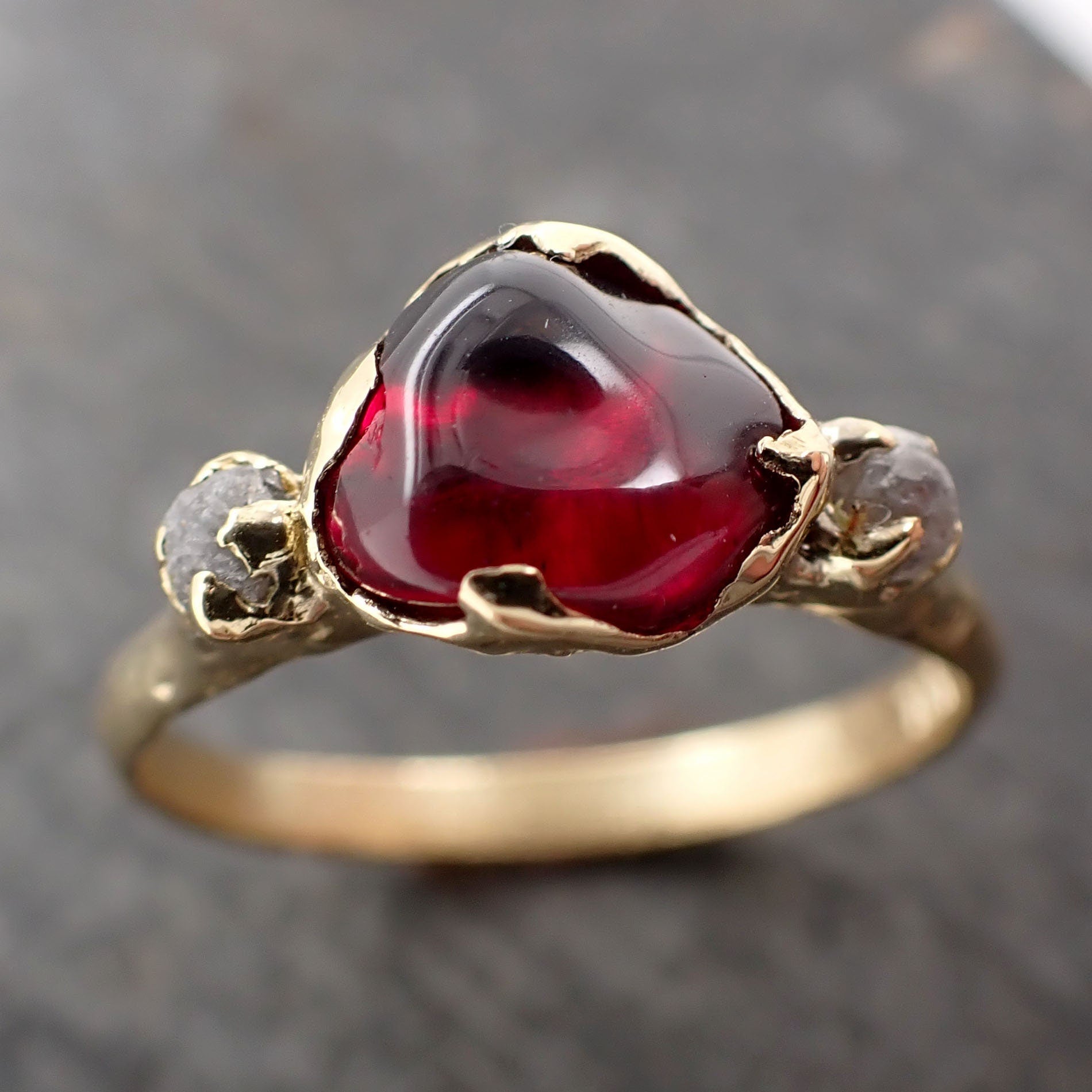 Tumbled Garnet and rough Diamond 18k Gold Engagement Ring Multi