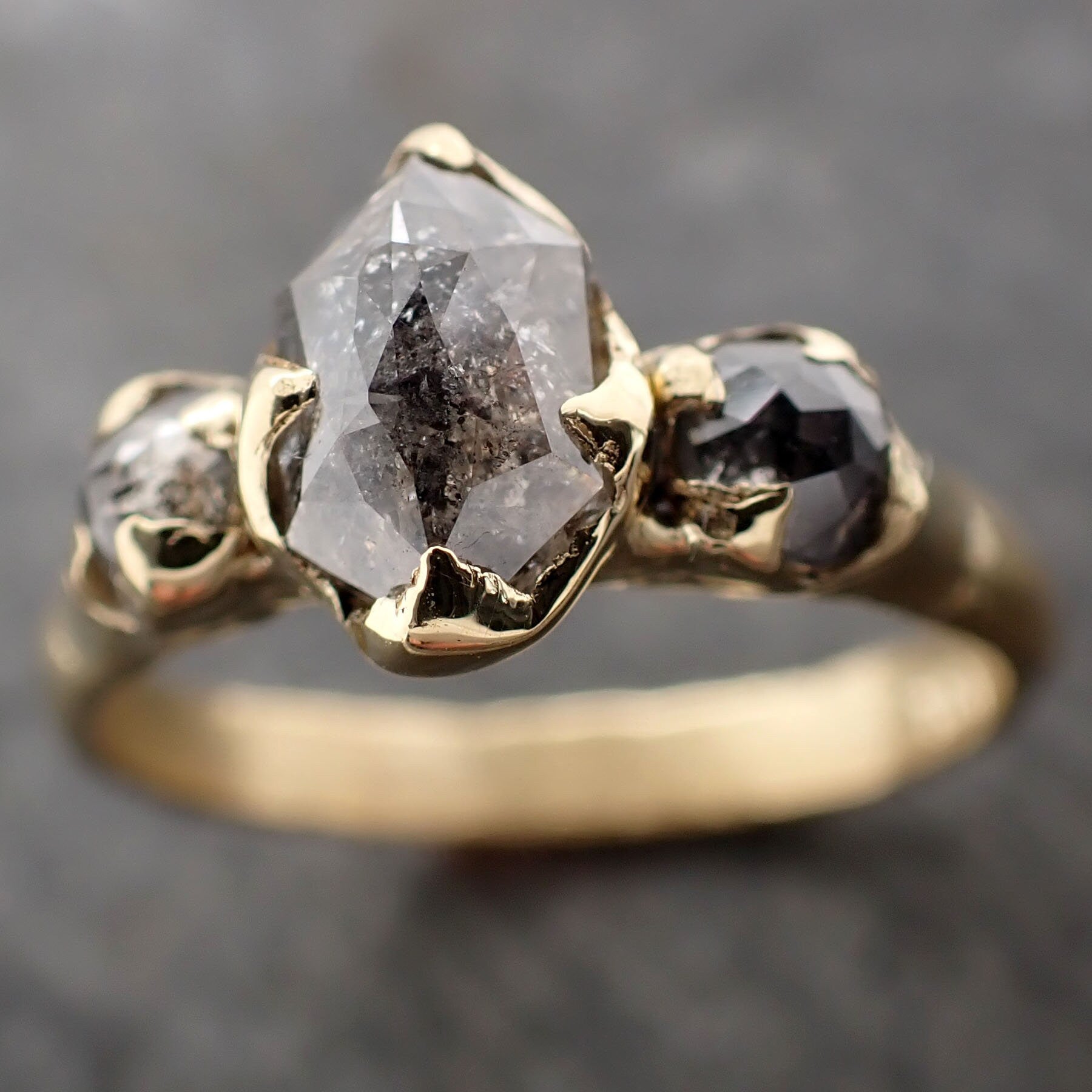 Fancy cut Salt and Pepper Diamond Engagement 18k Yellow Gold Multi stone Wedding Ring Stacking Rough Diamond Ring byAngeline 3015