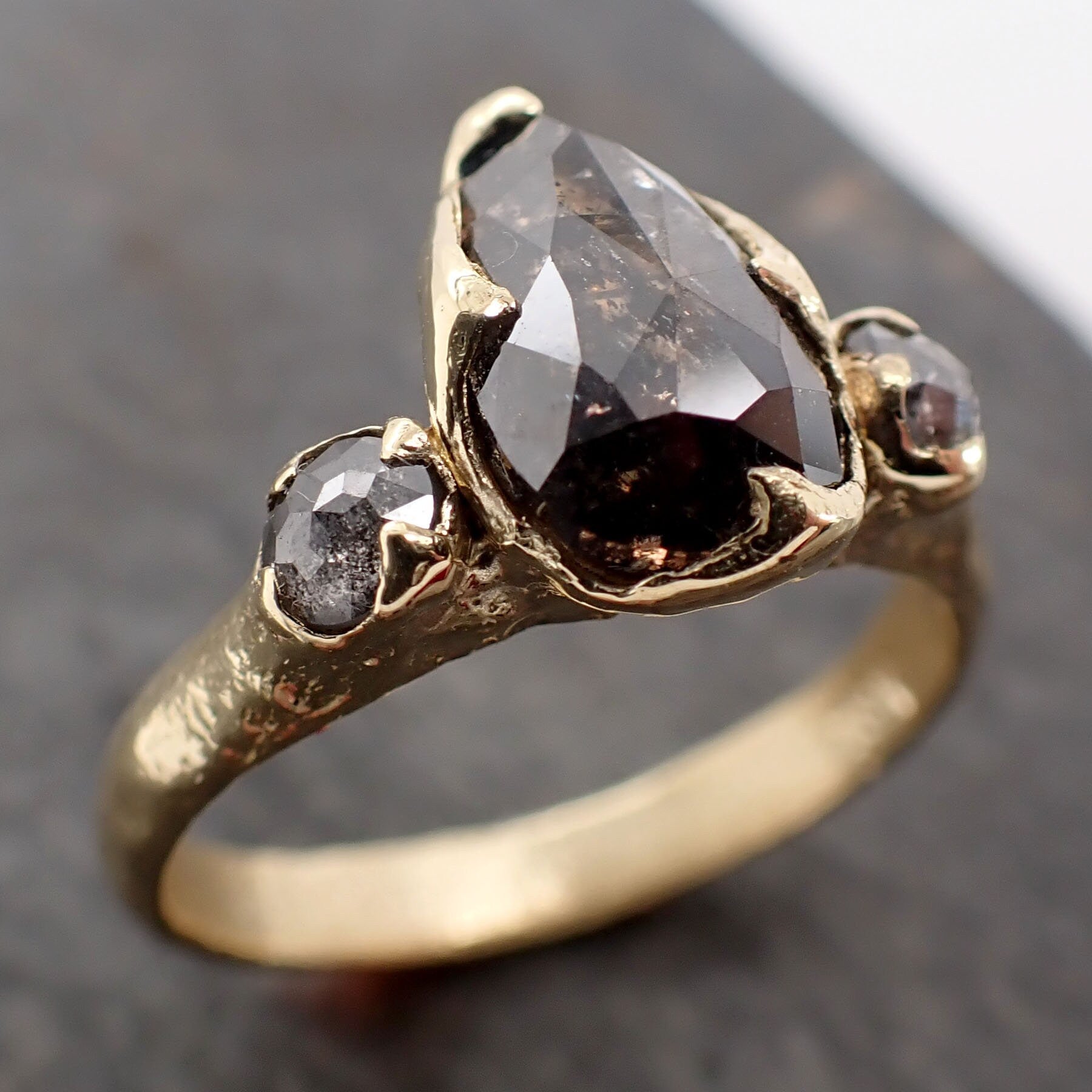 Fancy cut Salt and Pepper Diamond Engagement 18k Yellow Gold Multi stone Wedding Ring Stacking Rough Diamond Ring byAngeline 3016